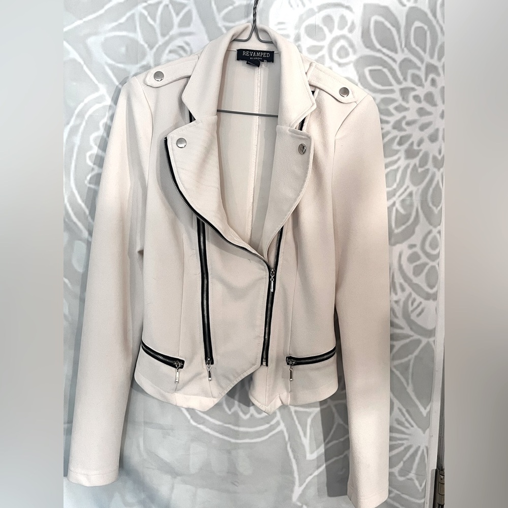Revamped White Leather Moto Jacket with Asymmetrical Zipper